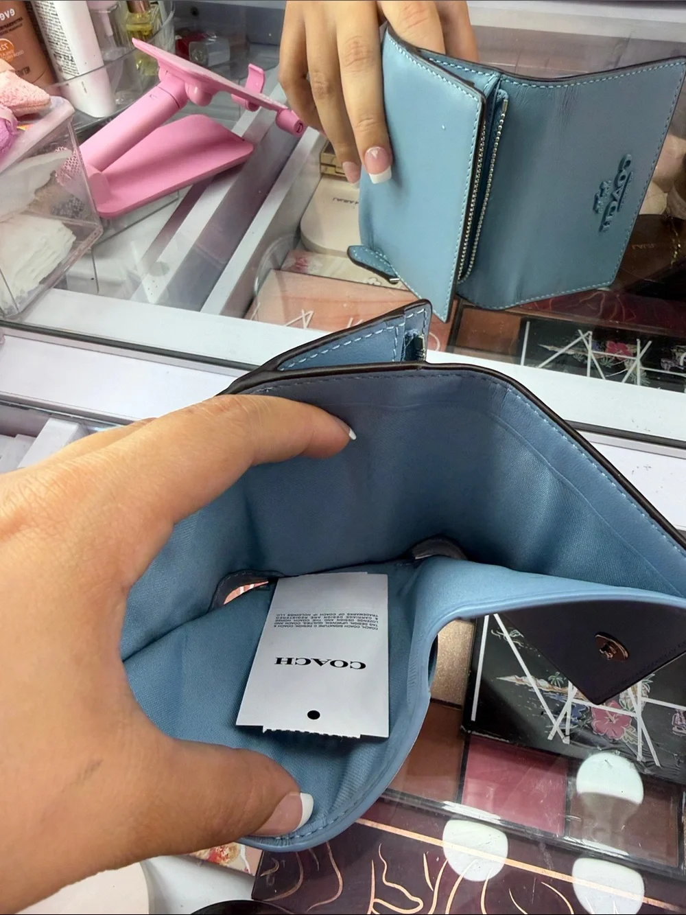 COACH Petite Zip Card Case in Light Blue Leather